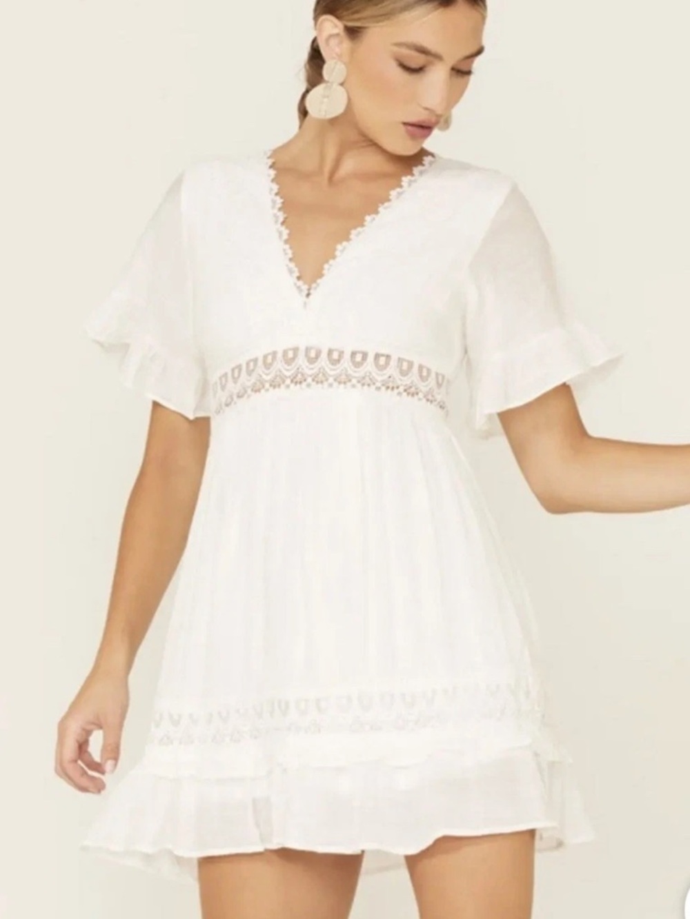 Wishlist Apparel Boho Lace Insert Tie Back  White  Ruffle Dress Size Large